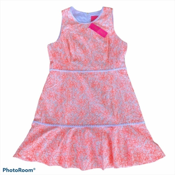Lilly Pulitzer Ellen Flounce Dress Cantaloupe Embroidered Floral Ruffle Sz 0 NWT - Picture 4 of 9